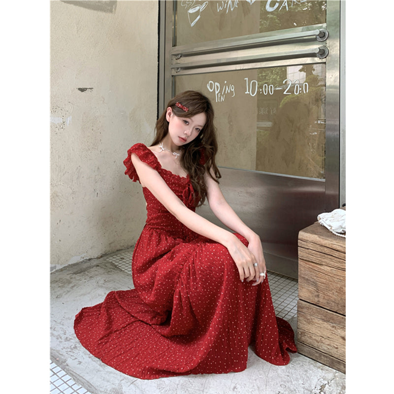 💕海邊度假小飛袖露背收腰長裙