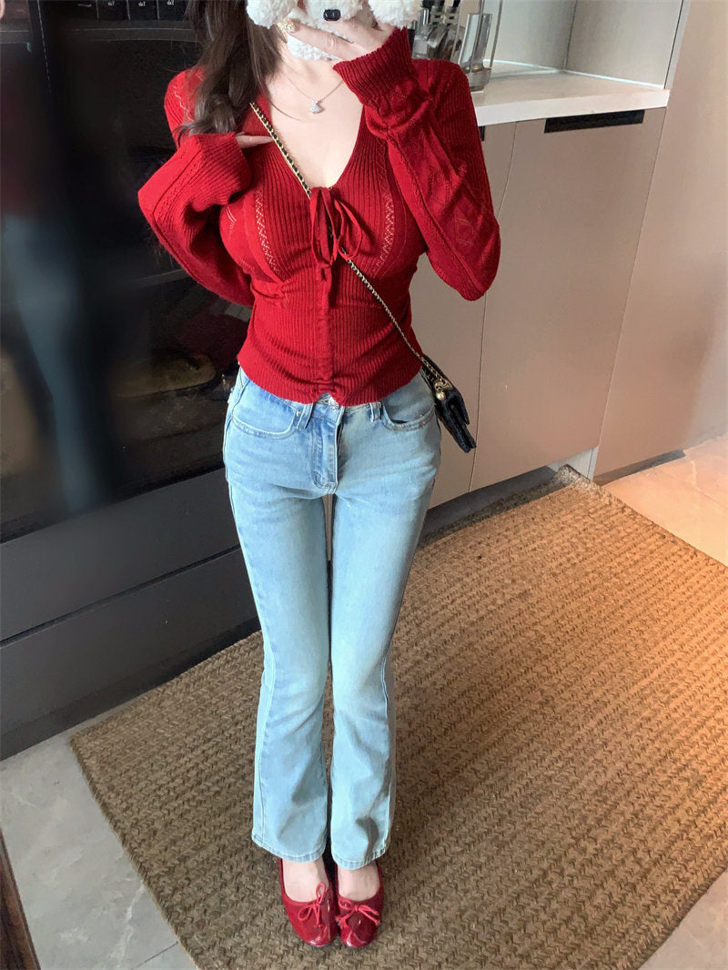 💕百搭簡約蝴蝶結系帶V領長袖針織顯瘦上衣