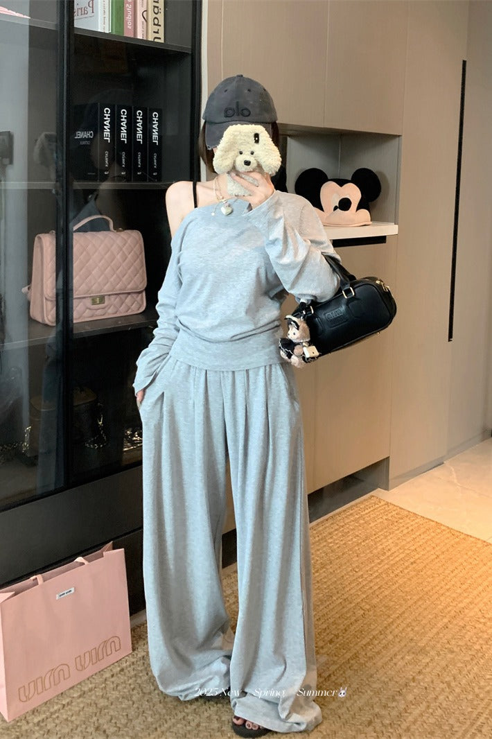 💕純御高彈斜肩長袖闊腿休閒褲套裝