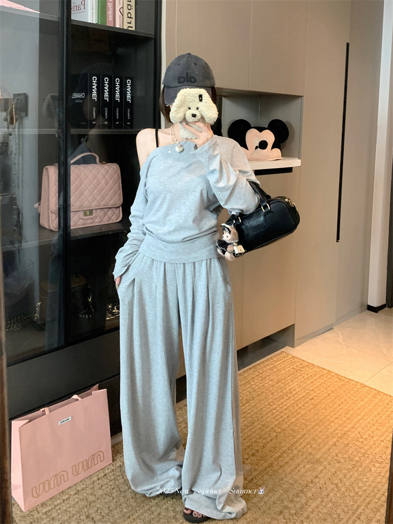 💕純御高彈斜肩長袖闊腿休閒褲套裝