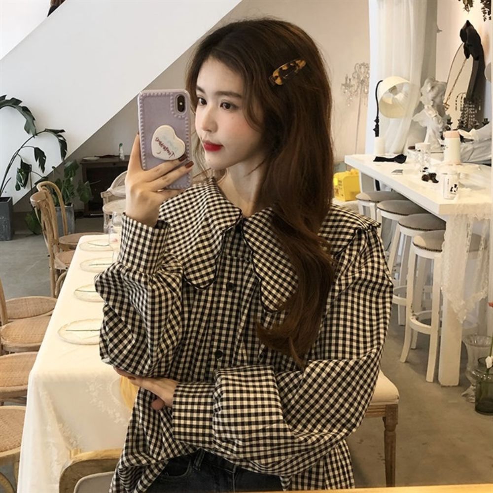 💕法式撞色格子娃娃領襯衫顯瘦排釦上衣