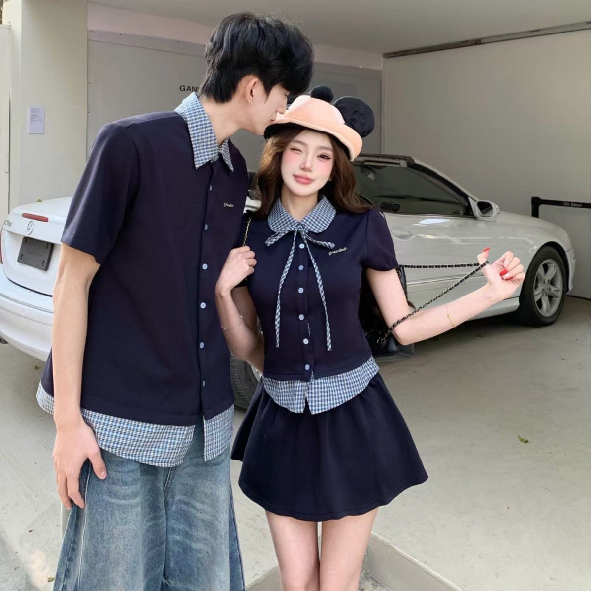 💕韓系學院風假兩件拼接翻領格子襯衫情侶裝
