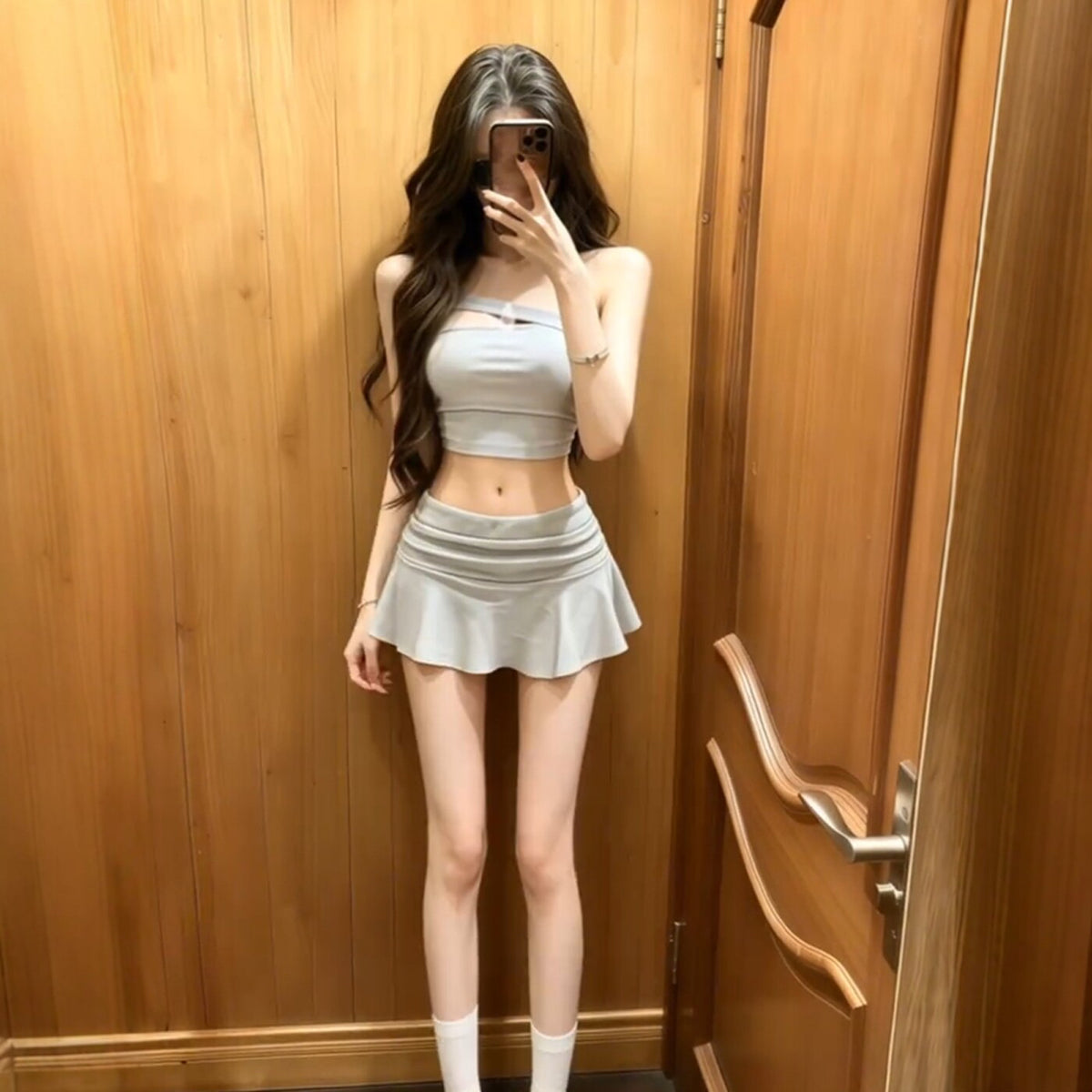 💕性感純欲斜肩短版上衣&短裙兩件套