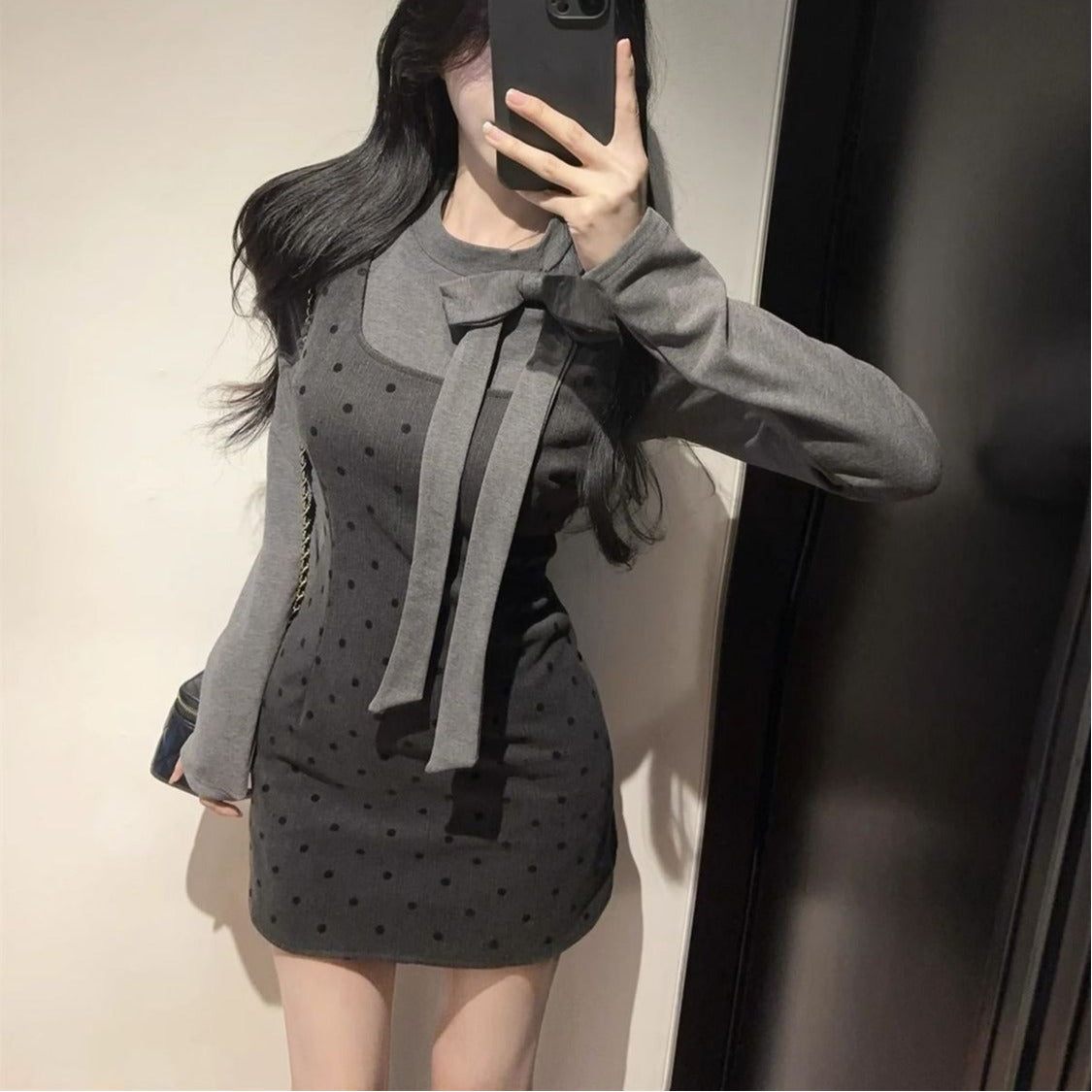 💕法式蝴蝶結飄帶圓領點點背帶兩件套