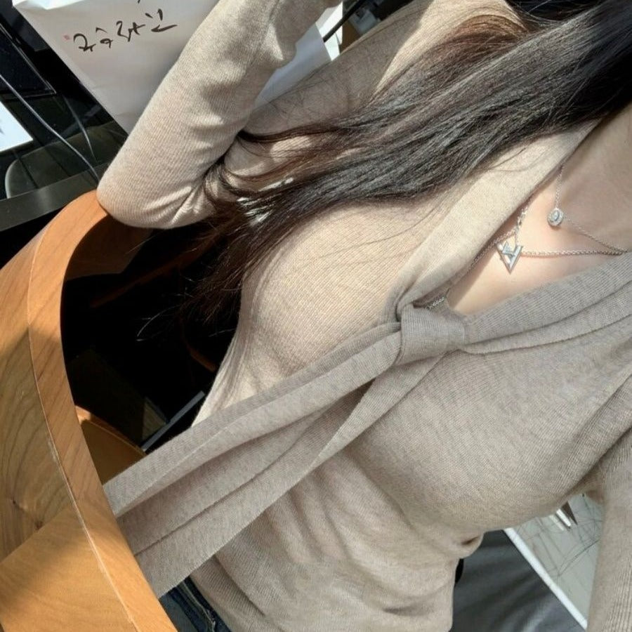 💕氣質法式飄帶V領針織衫修身上衣