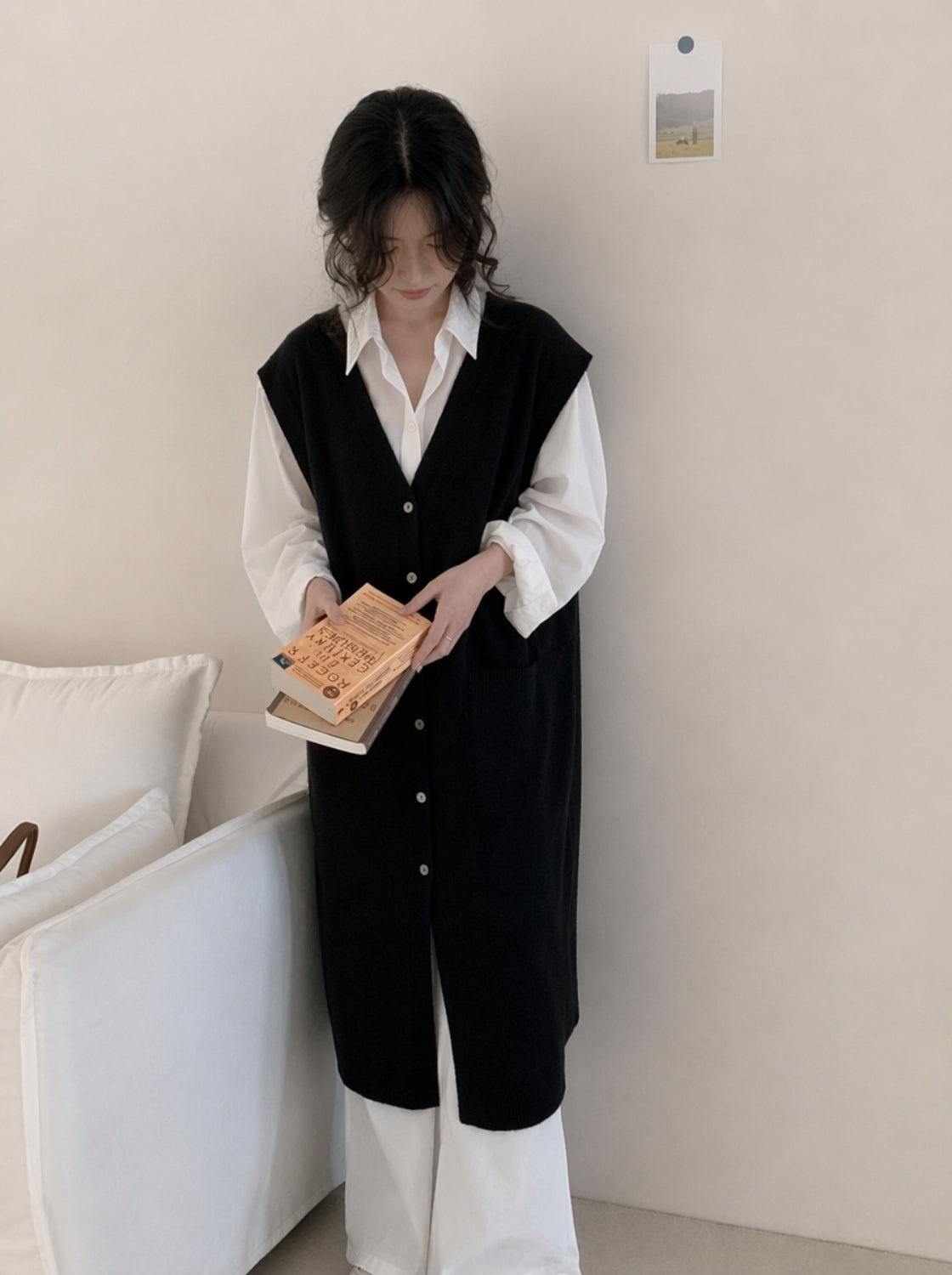 💕慵懶軟糯長款無袖坎肩馬甲針織衫