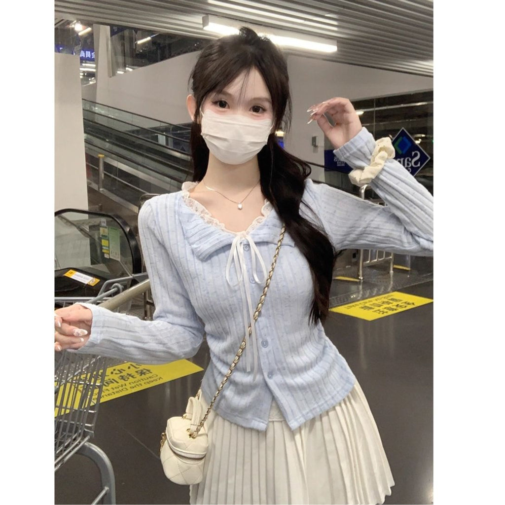 💕溫柔雪花條磨毛純欲藍色蕾絲假兩件上衣