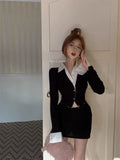 💕純御辣妹修身短款黑色假兩件長袖襯衫