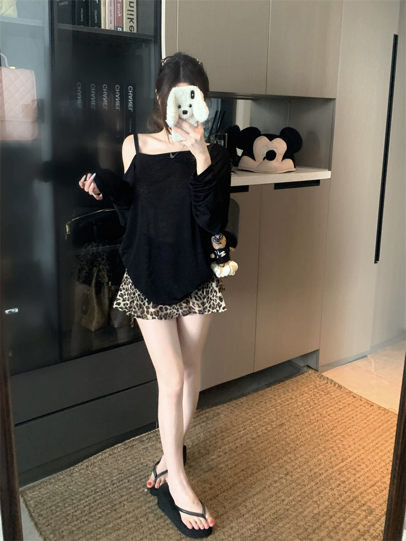 💕純色斜肩領露肩長袖豹紋半身裙兩件套