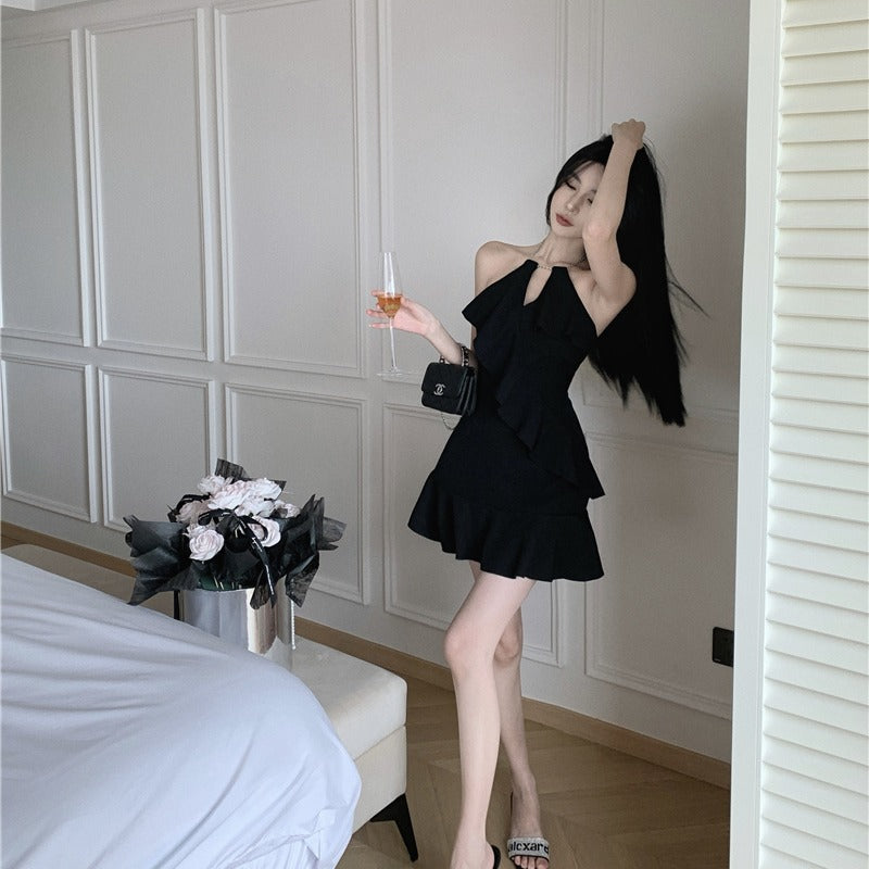 💕法式赫本風荷葉邊掛脖吊帶連衣裙