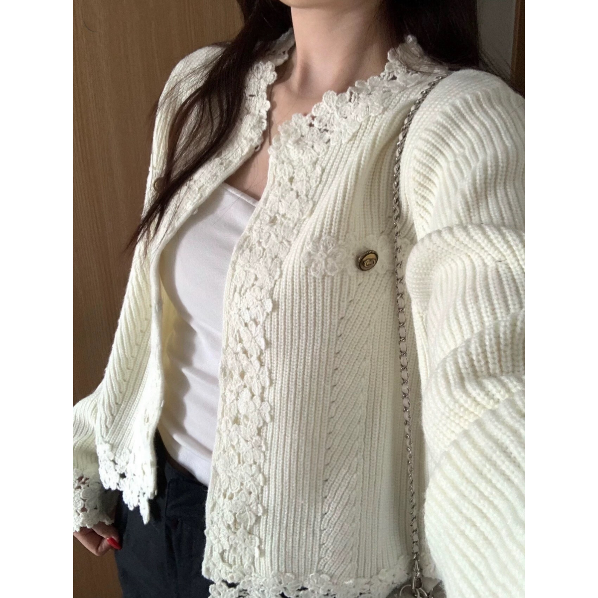 💕法式蕾絲花邊白色小香風三件套