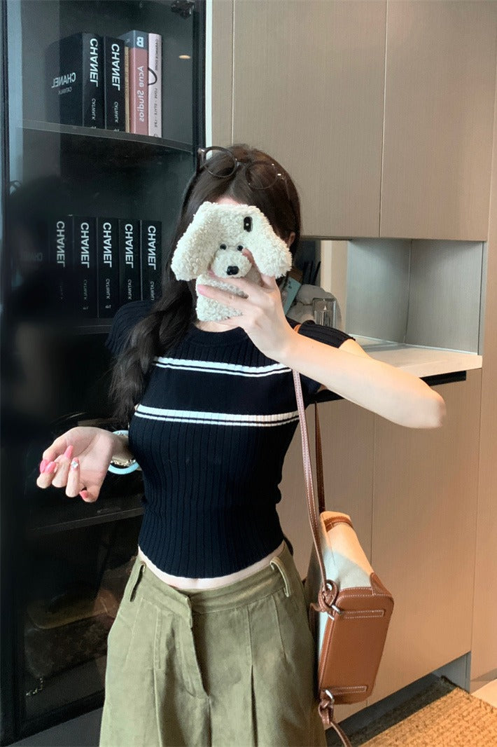 💕撞色條紋短袖針織圓領上衣