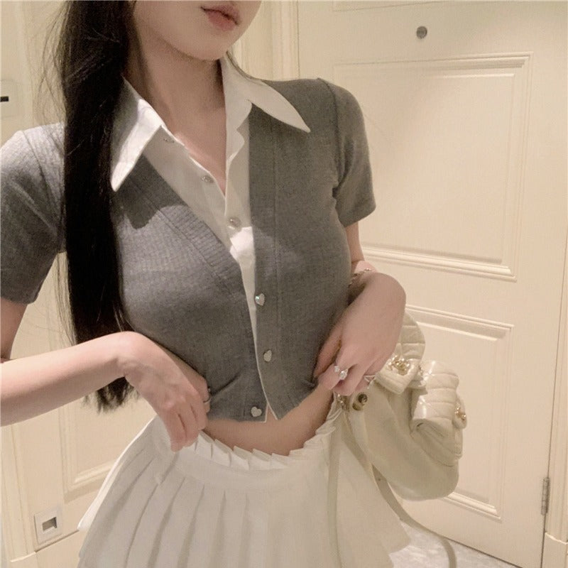 💕韓系氣質假兩件翻領修身短款針織衫