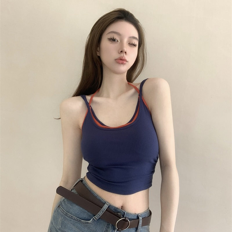 💕春夏熱辣假兩件帶胸墊吊帶背心