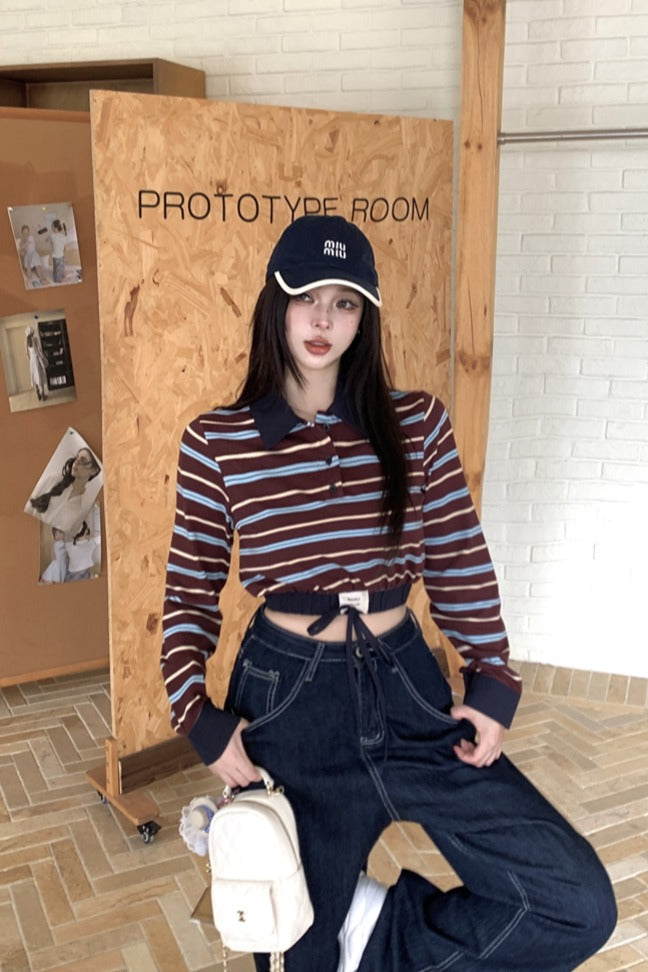 💕復古時尚撞色條紋拼接POLO長袖上衣
