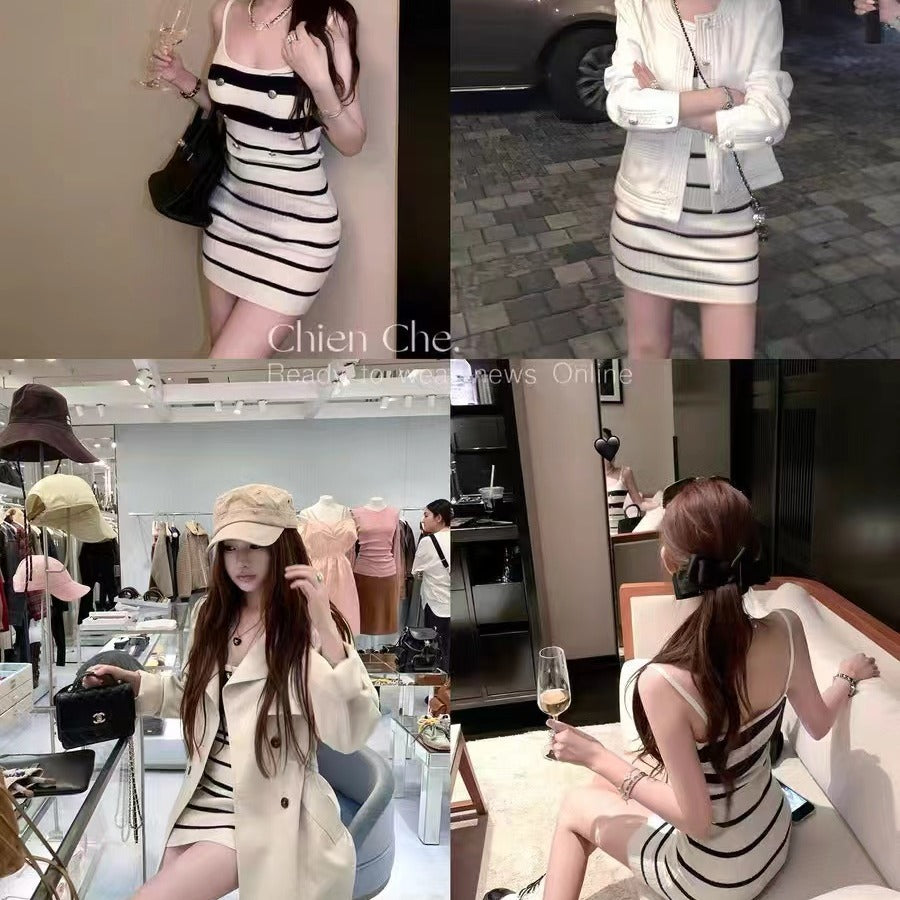 💕休閒慵懶小香風撞色條紋吊帶連衣裙