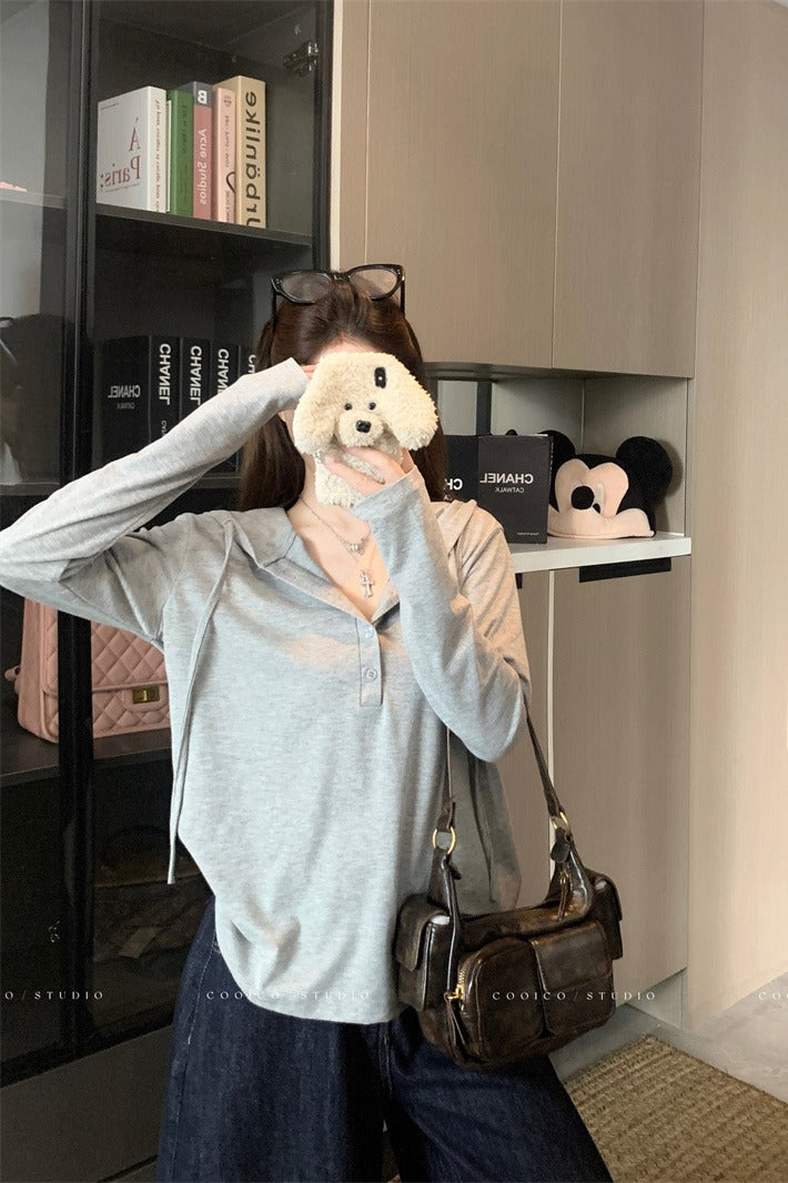 💕早秋鬆弛感鈕扣連帽長袖上衣