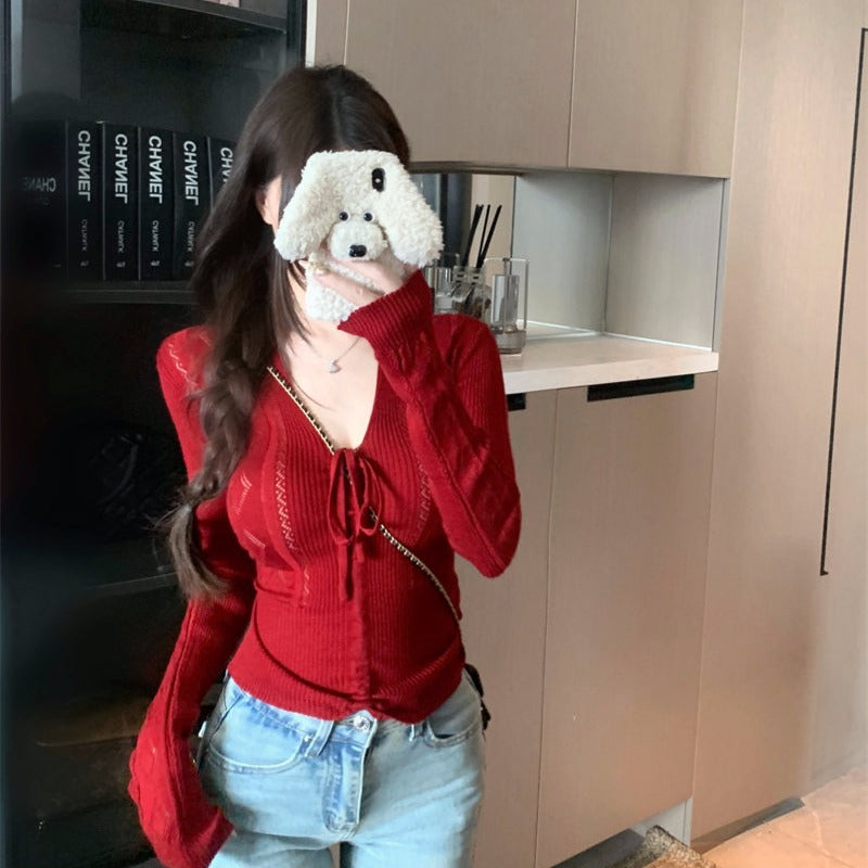💕百搭簡約蝴蝶結系帶V領長袖針織顯瘦上衣
