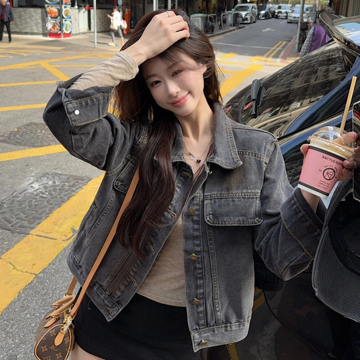 💕美式暈染水洗牛仔黑灰重工短外套