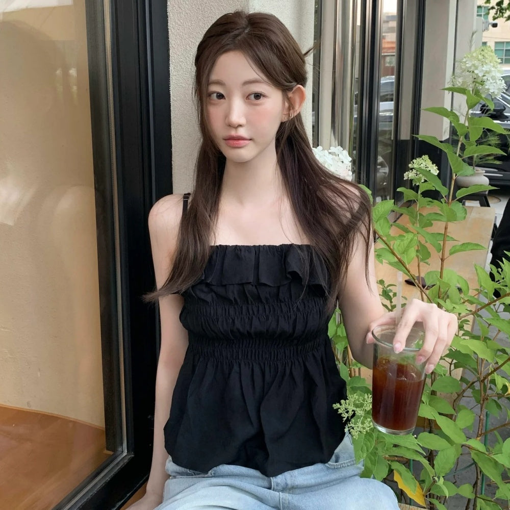 💕法式氣質溫柔荷葉邊皺褶吊帶背心