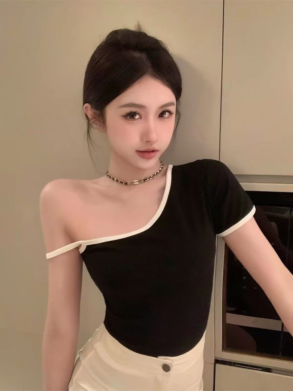 💕不規則修身露肩吊帶短袖T袖