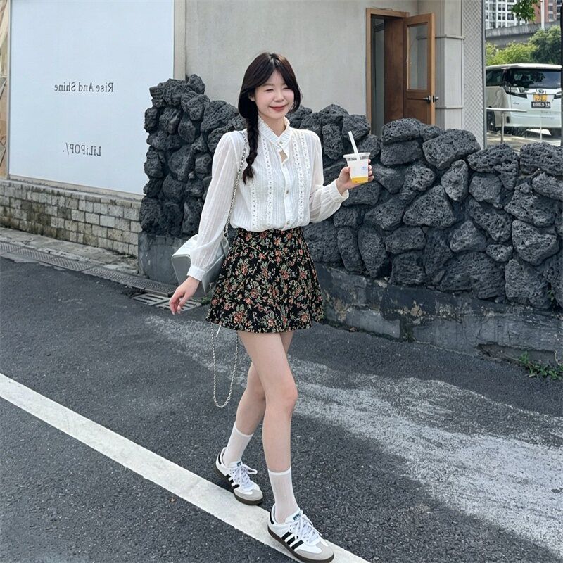💕法式泡泡袖襯衫碎花半身裙小個子兩件套
