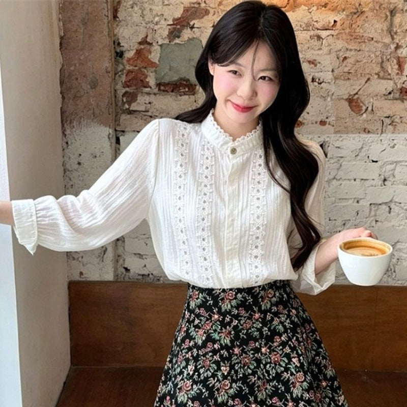 💕法式泡泡袖襯衫碎花半身裙小個子兩件套