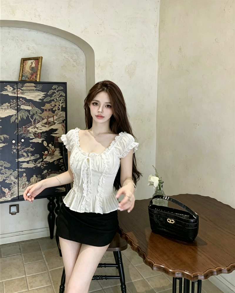 💕褶皺木耳邊一字肩襯衫法式上衣