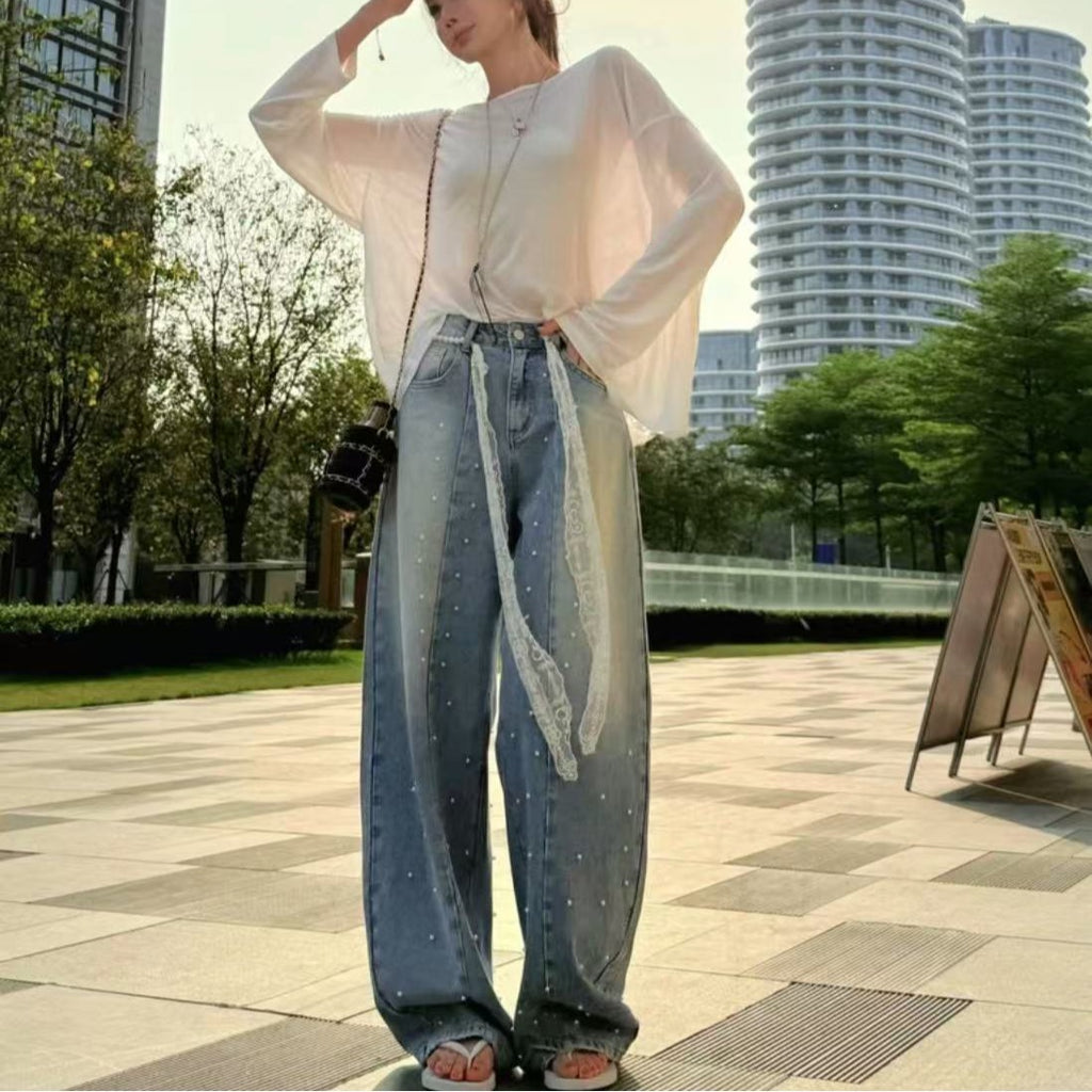 💕清透感溫柔通勤百搭磨白釘珠珍珠牛仔褲