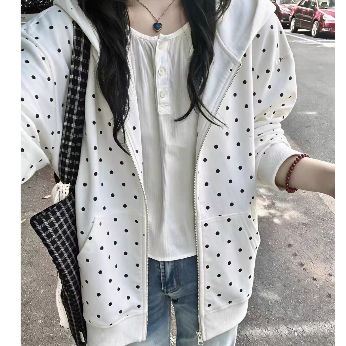 💕時尚簡約韓系點點白色連帽拉鍊外套