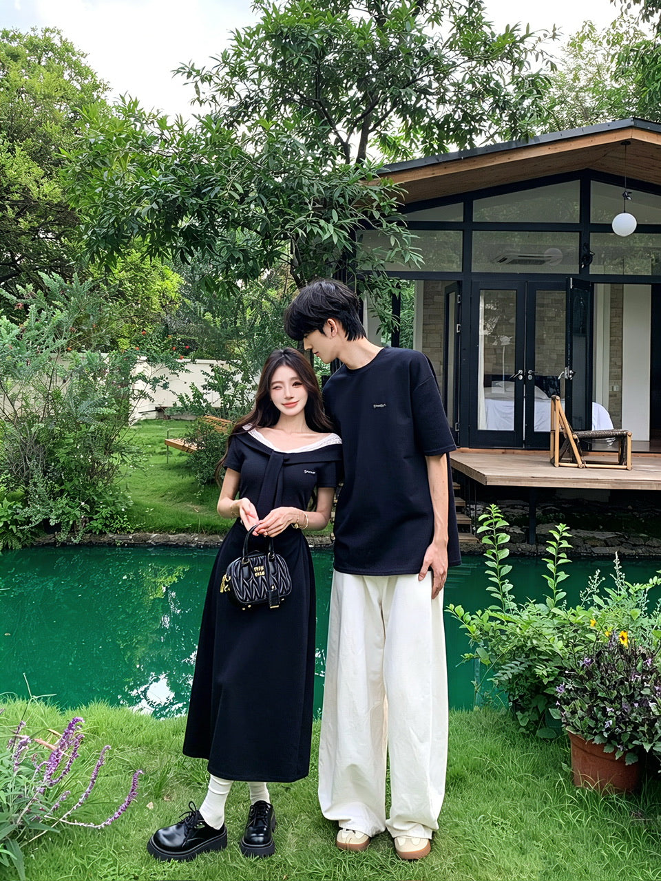 💕夏季法式V領蕾絲系帶假兩件連身裙情侶套裝