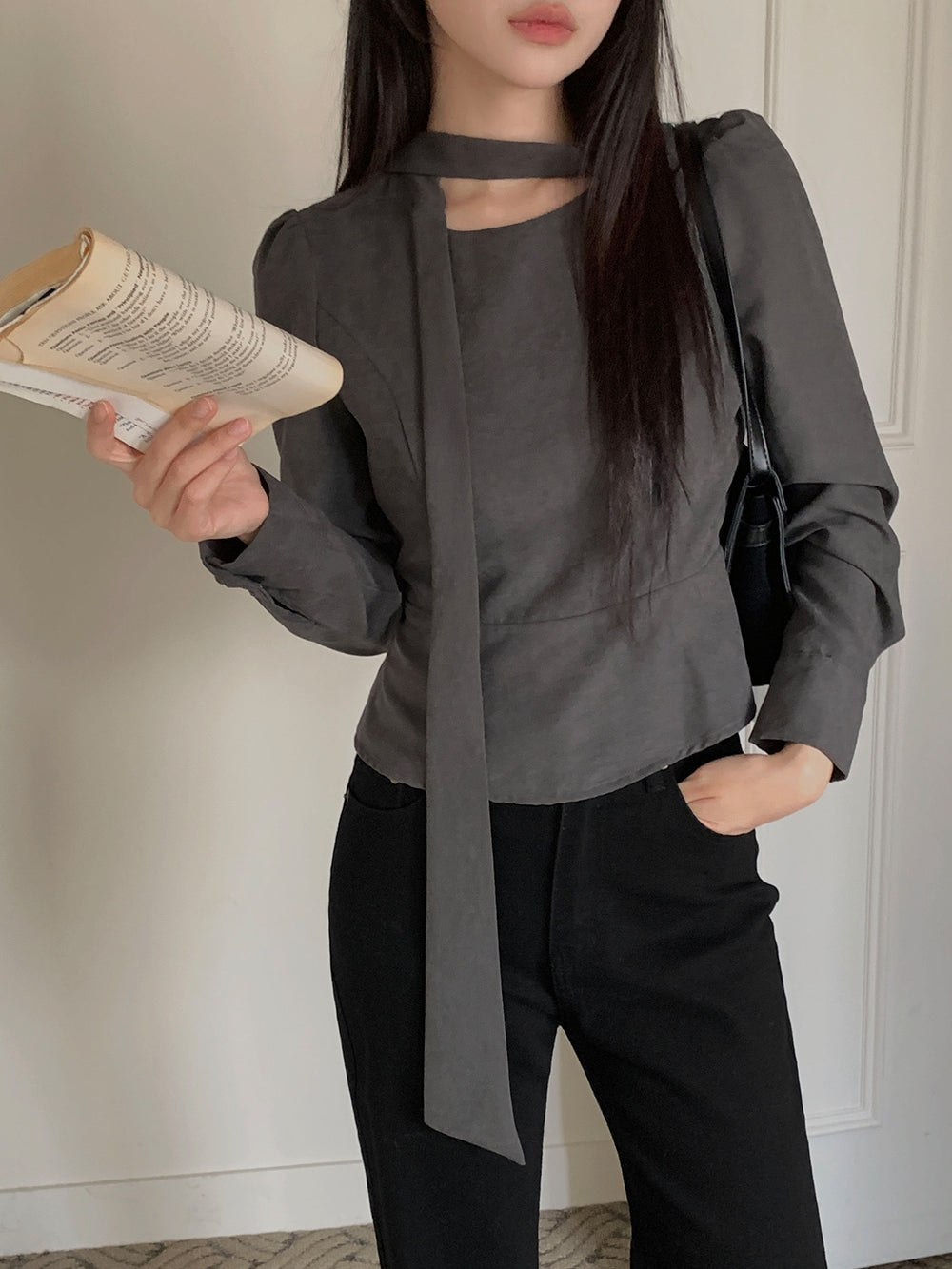 💕ins溫柔飄帶蝴蝶結泡泡袖修身顯瘦上衣