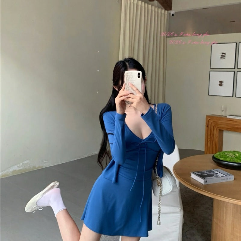 💕休閒氣質純色開衫收腰吊帶連衣裙兩件套