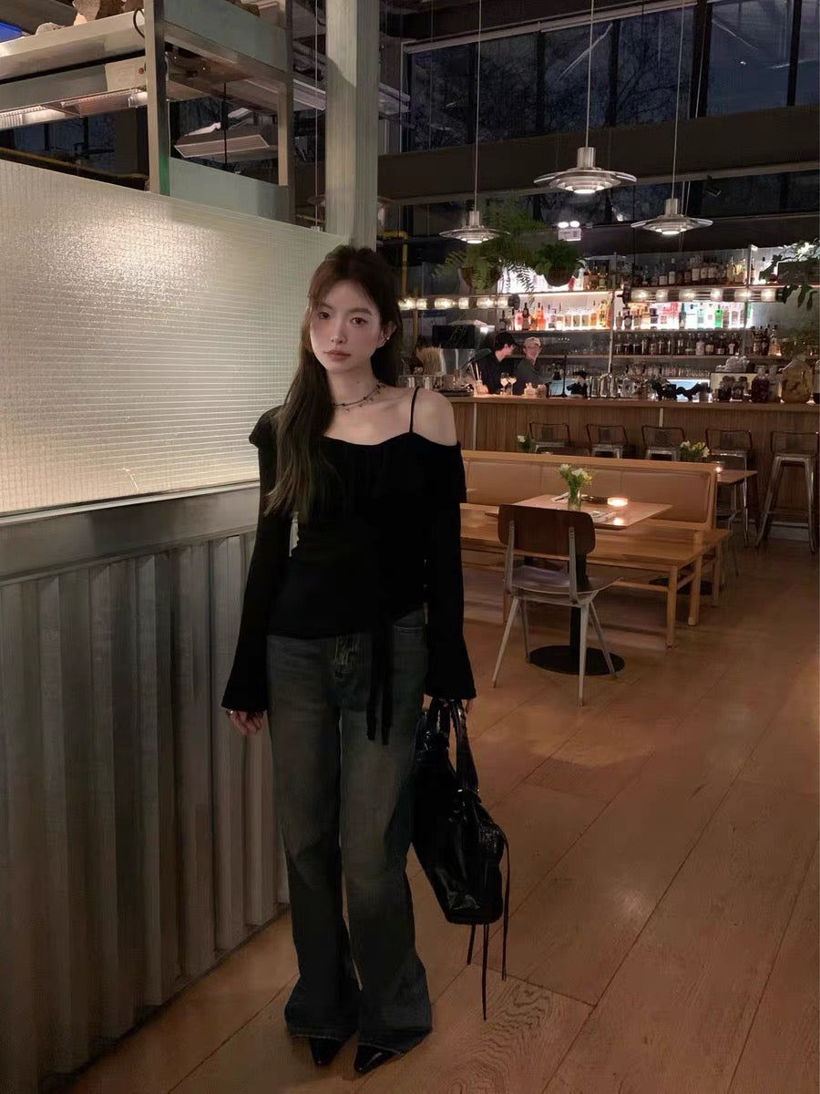 💕設計感荷葉一字肩韓系穿搭修身露肩上衣