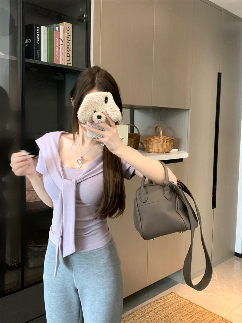 💕夏季綁帶方領短袖通勤百搭套裝