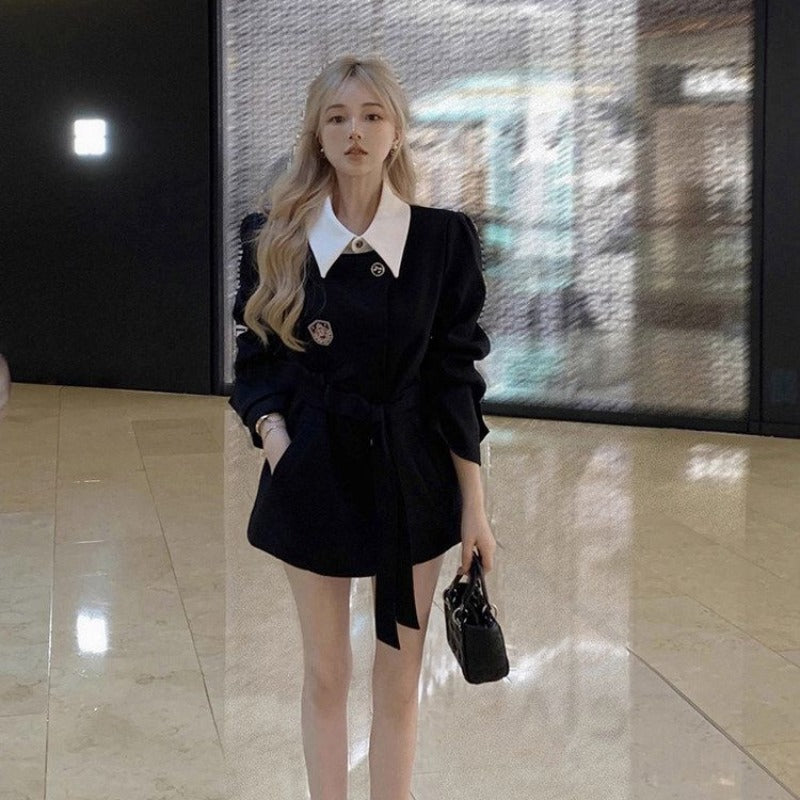 💕春季高級感小香風黑色收腰西服假兩件上衣套裝