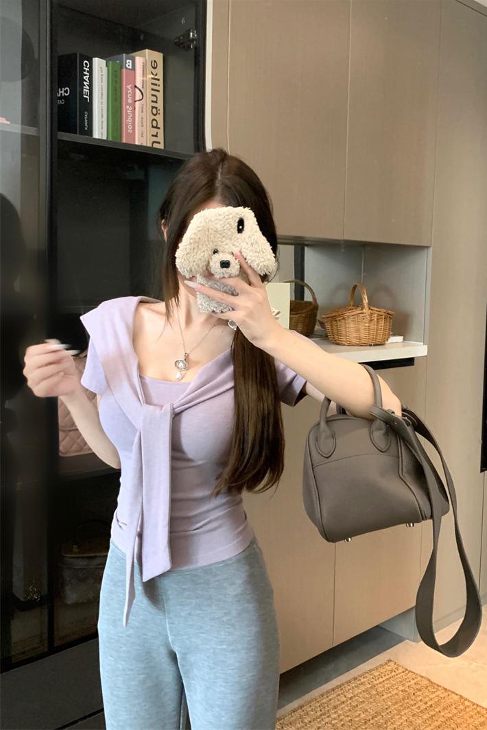 💕夏季綁帶方領短袖通勤百搭套裝
