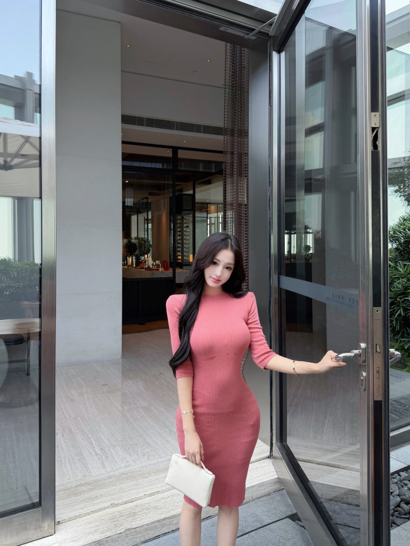 💕溫柔優雅氣質中袖修身包臀中長針織裙