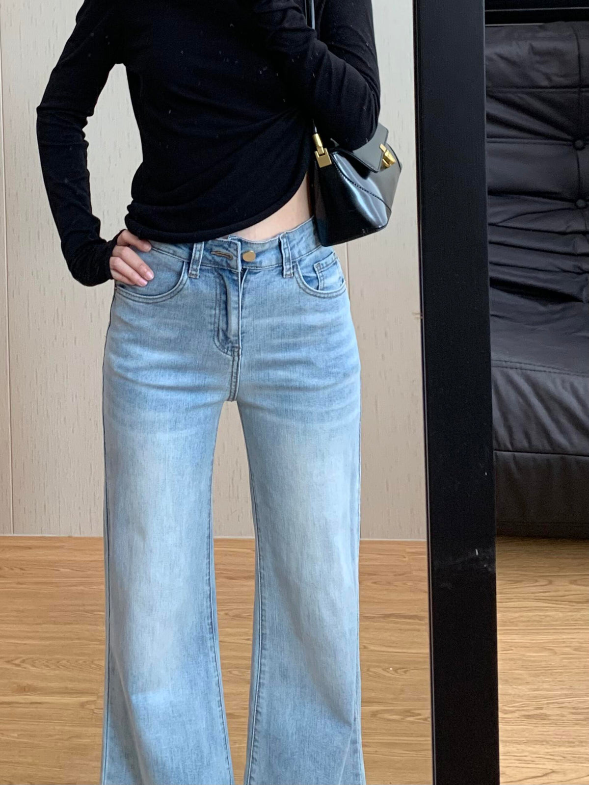 💕小個子淺藍色高腰微喇叭拖地牛仔長褲