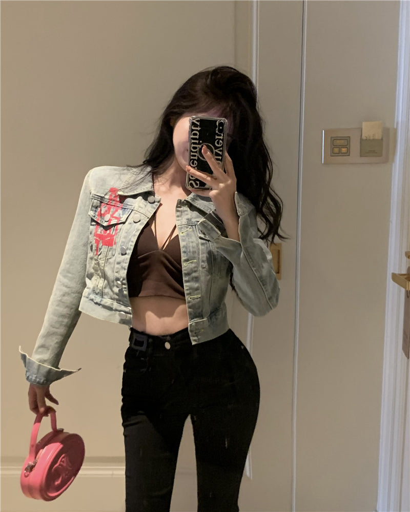 💕美式甜酷塗鴉字母印花短款夾克牛仔外套