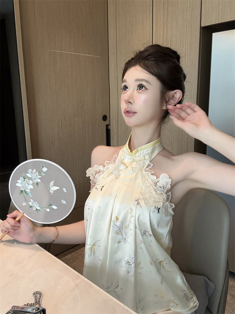 💕新中式千金立體花辮掛脖背心上衣