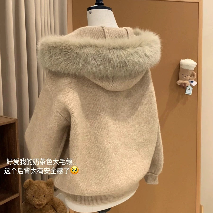 💕高級感大毛領連帽針織外套