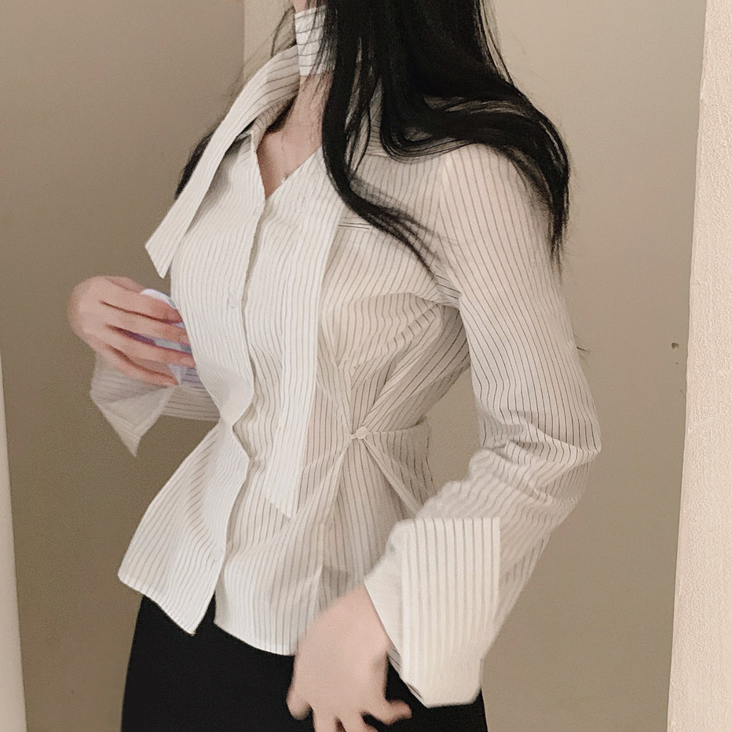 💕韓系小眾V領飄帶收腰百搭條紋上衣