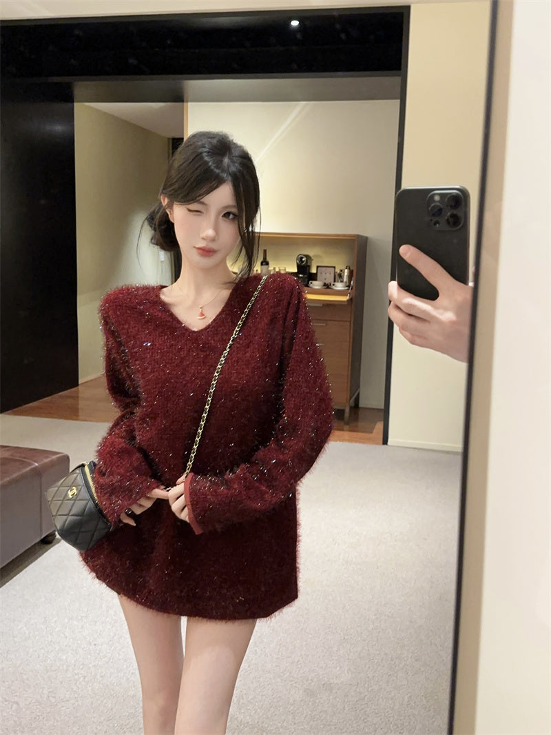 💕顯白氣質高級V領金絲碎亮長袖上衣