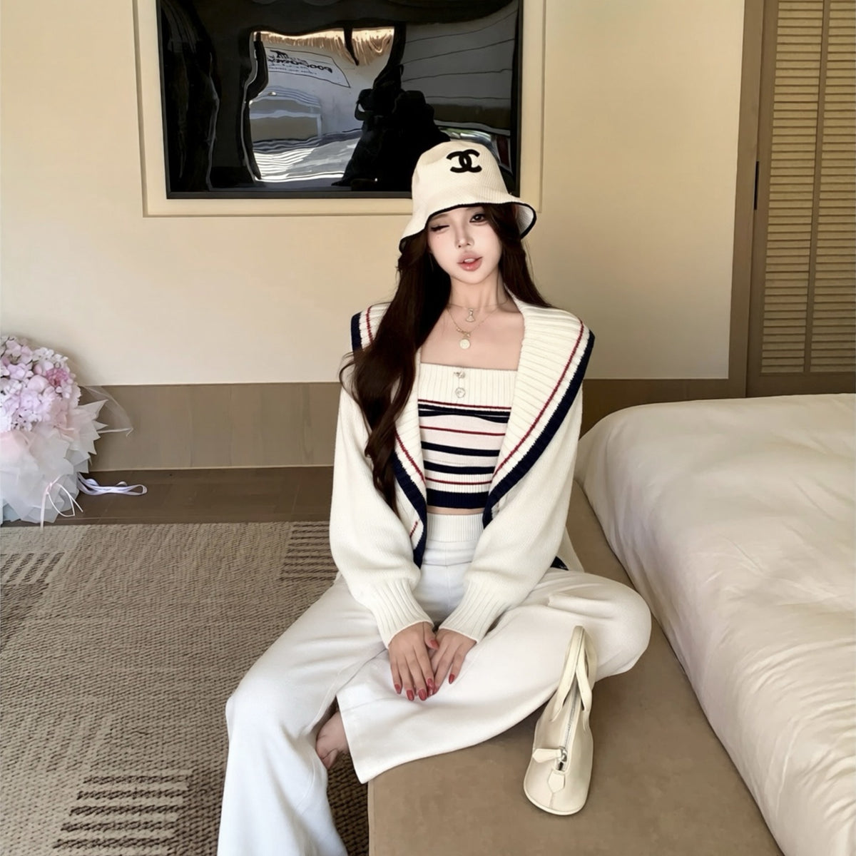 💕休閒慵懶條紋大翻領針織背心三件套