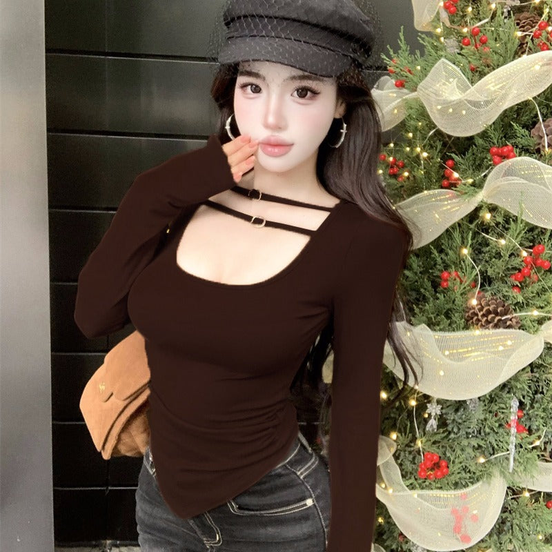 💕氣質設計感褶皺雙條扣低胸上衣