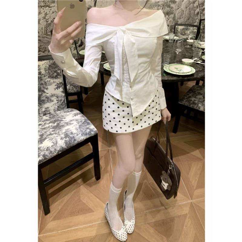 💕韓系一字肩扭結上衣配點點短裙兩件套