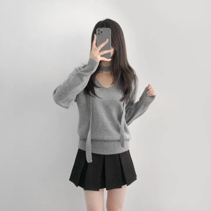 💕chic韓系簡約V領帶飄帶露肩針織百搭毛衣