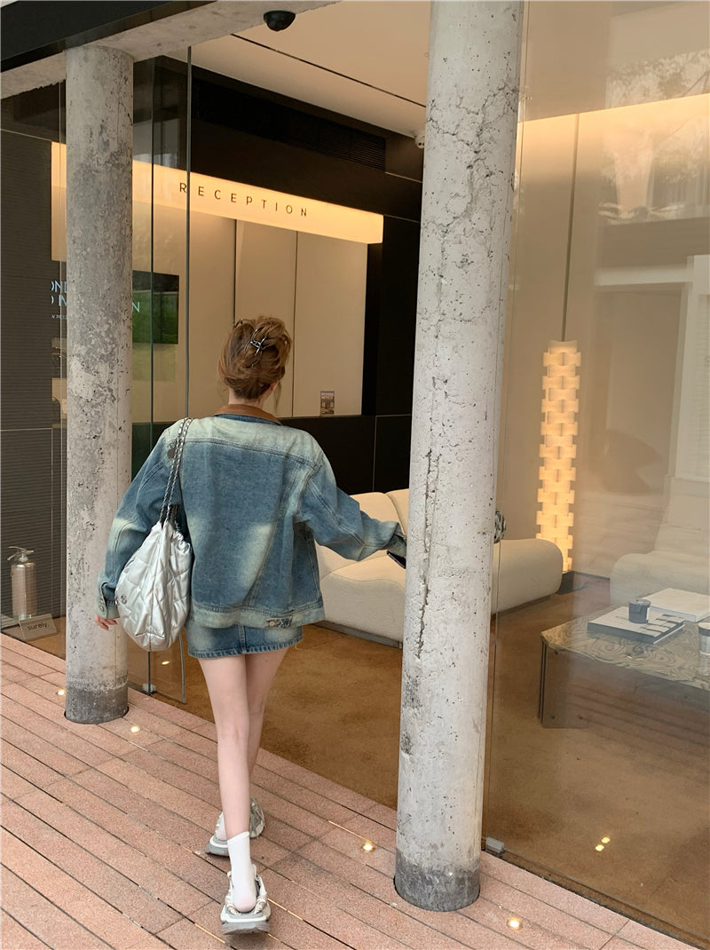 💕辣妹風牛仔外套配高腰牛仔短裙兩件套