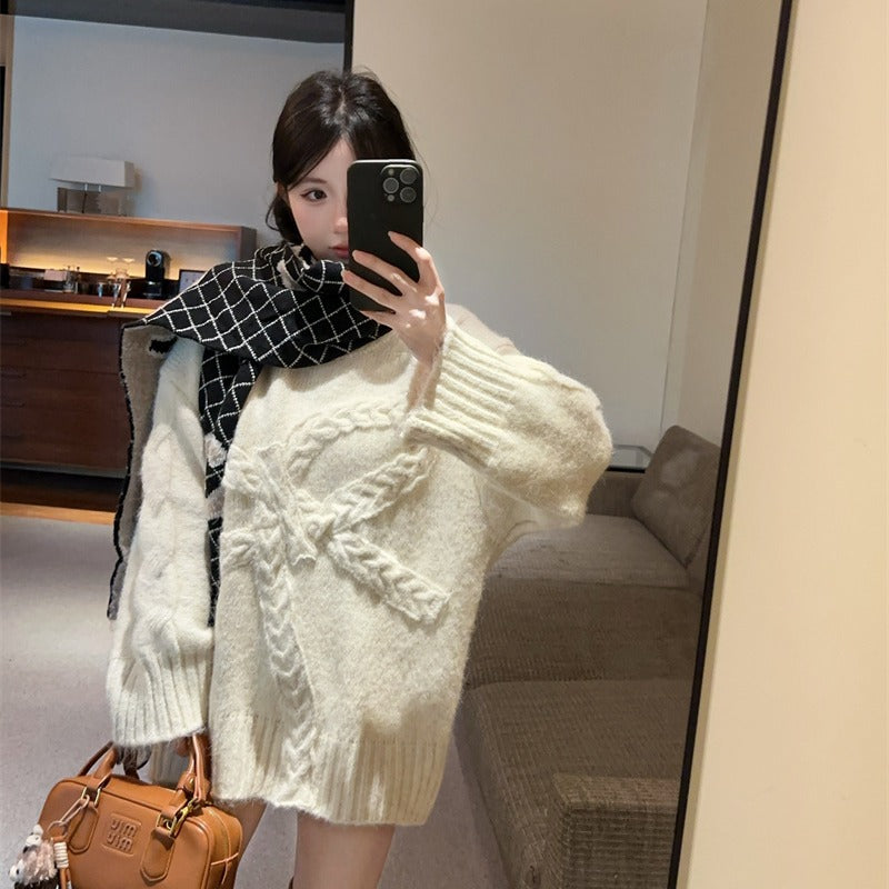 💕復古慵懶高級感軟糯蝴蝶結圓領上衣